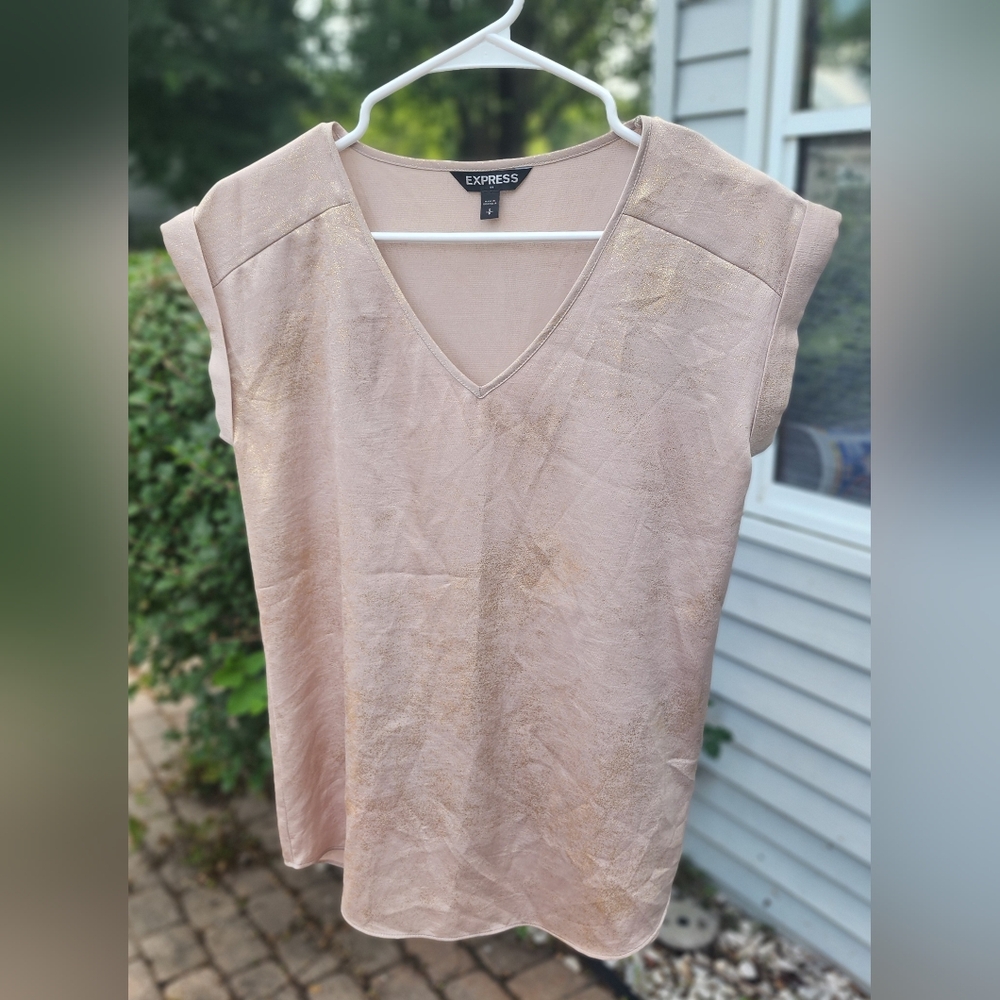 Express Women's Beige V-Neck Blouse with Gold Shimmering Highlights
